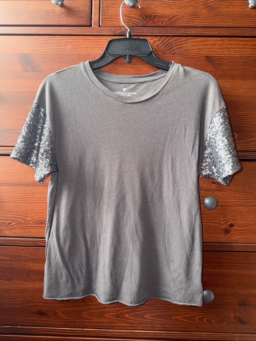 American Eagle Gray Sequin Sleeve Tee XS Modal Blend Sparkle Top